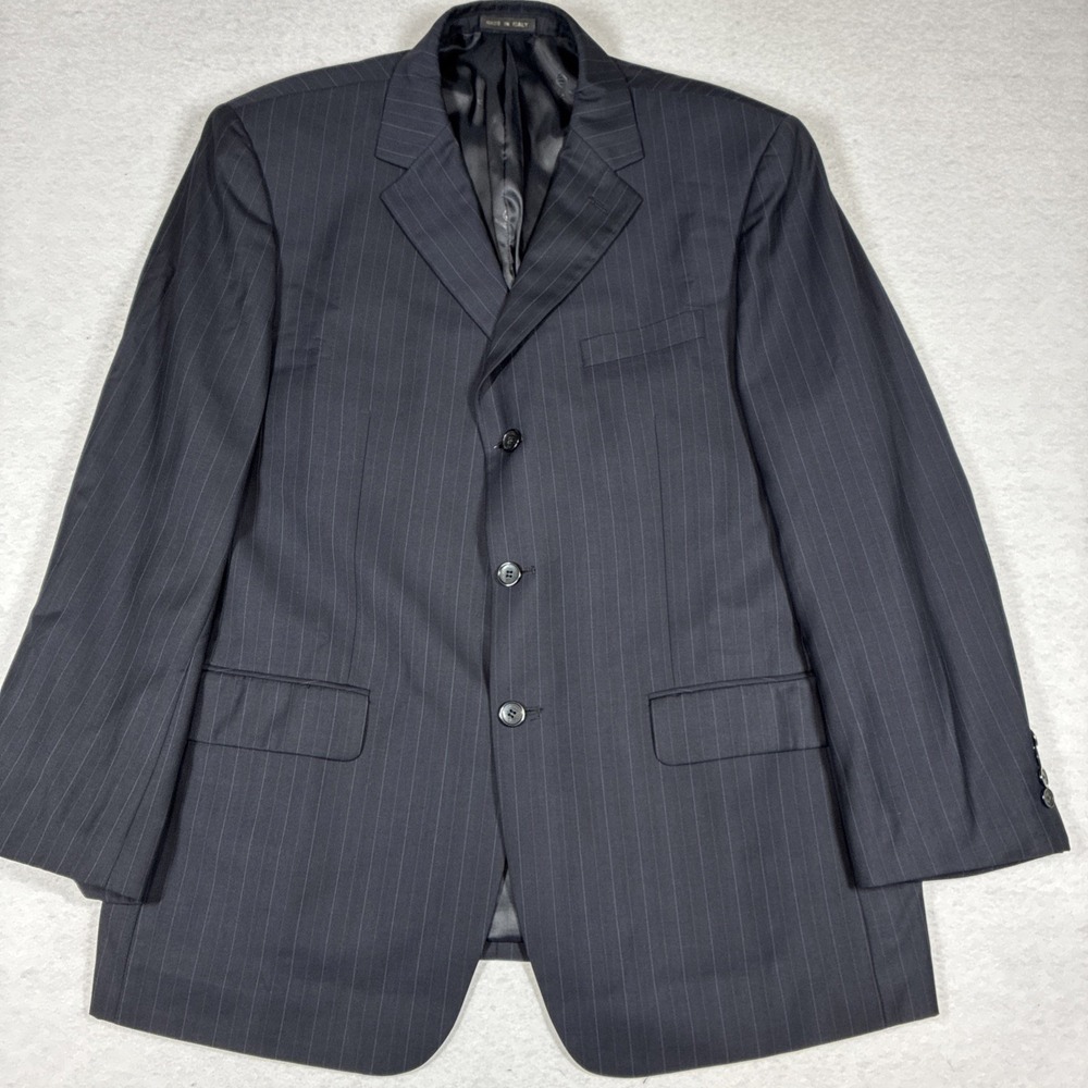 Ermenegildo Zegna 48R Mens Black Suit Jacket Gray Pinstripe 100% Wool Classic